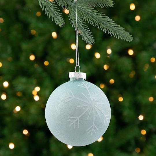 4ct. 3.25" Blue & Silver Snowflake Glass Christmas Ball Ornaments